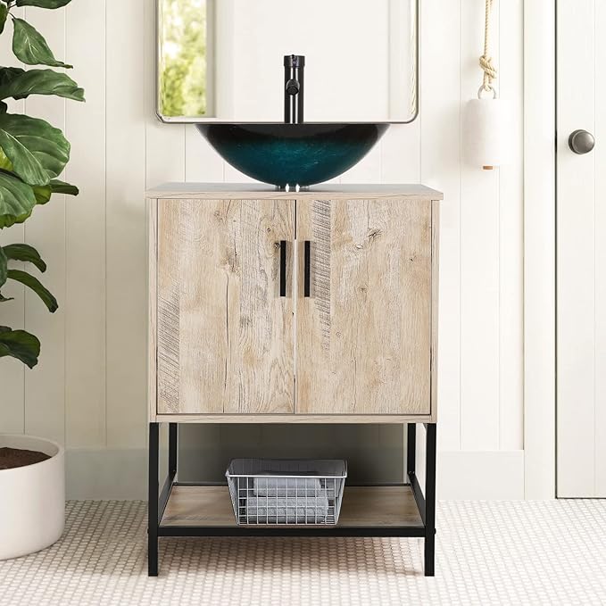 eclife 24" Bathroom Vanity Sink Combo Modern Metal Stand Cabinet W/Bottom Shelf Turquoise Square Vessel Sink & Water Save Faucet & Pop Up Drain, Oak (A10)