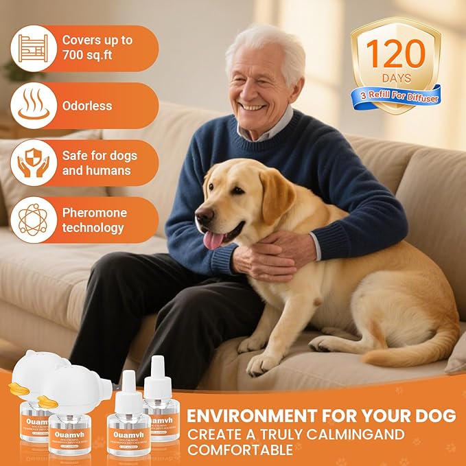 Dog Pheromone Calming Diffuser:Relaxing Solution for Stress and Anxiety in Dogs, Reducing Scratching and Barking Behaviors in Puppies, Medium, and Large-Sized Dogs 2 Diffuser 4 Refill
