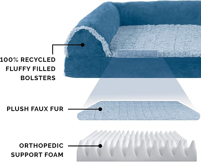 FurHaven Orthopedic Dog Bed for Large Dogs, L-Shaped Chaise Sofa with Orthopedic Egg Crate Foam for Joint Support, Removable Washable Cover, Jumbo/XL, Faux Fur & Suede, Marine Blue