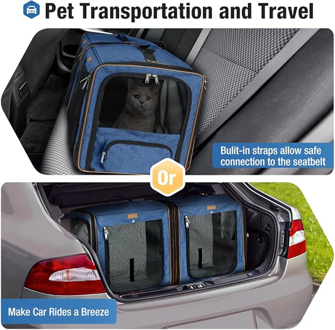 Lekereise 2-in-1 Cat Travel Carrier with Litter Box, (17.7" x2) x16.5"x13" Large Cat Carrier with Zipper Locks for Moving Across The Country (No Hammock) - Blue