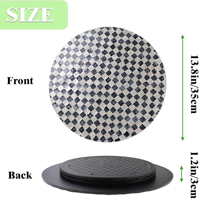 13.8" Mother of Pearl Lazy Susan Turnable Organizer, 360 Degree Round Table Countertop Decorative Spinning Tray for Kitchen Cabinet Counter Spice Pantry Dinner Table (Checkerboard)