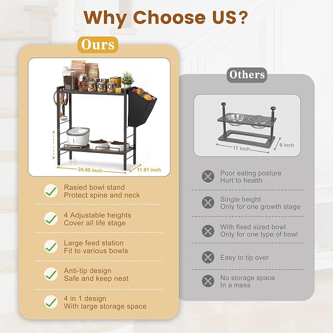 Elevated Dog Feeding Station, 23"D x11"W Large Raised Bowl Stand with Toy Basket Bin, 4 Height Adjustable Food Bowl Holder Cabinet Pet Storage Organizer for Medium Small Dogs Cats