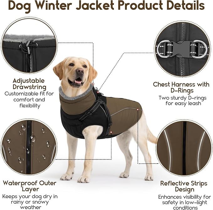 ASENKU Reflective Dog Coat with Built-in Harness, Windproof Fleece-Lined Dog Jacket for Small, Medium, Large Dogs, Warm Winter Vest with Turtleneck & Zipper (Khaki L)
