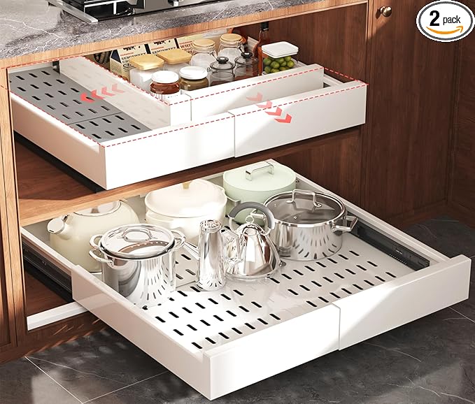 2 Pack Pull Out Cabinet Organizer Expandable Width(13"-21") and Depth(17"-24"), Slide Out Drawers With Raising Pad for Framed Cabinets, No Drill Roll Out Shelves for kitchen, Bathroom, White