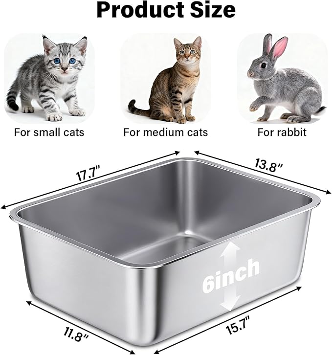 Medium Stainless Steel Cat Litter Box, Open Top Easy Clean Metal Litter Pan — Durable Metal Litter Box with High Sided Walls, No Odor, Non Stick for Indoor, Multi-Cat Homes, Rabbits & Small Pets