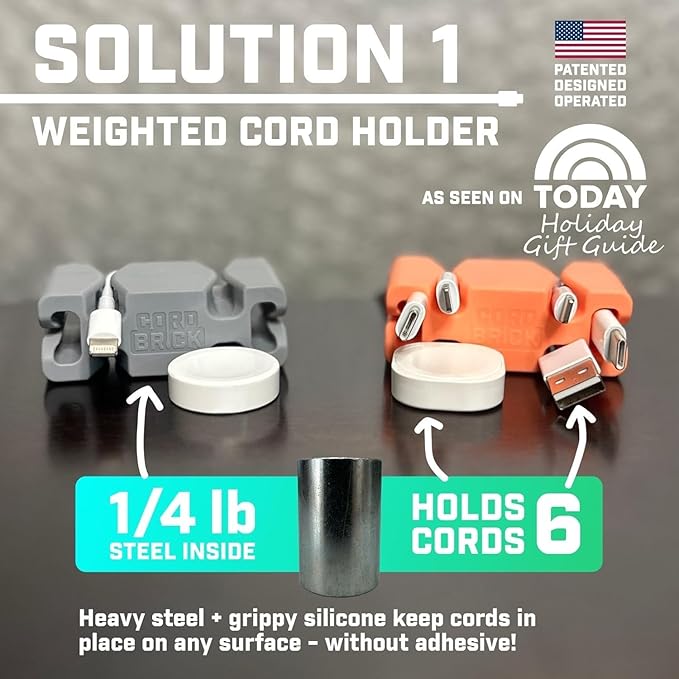 CordBrick Stocking Stuffers for Adults Cord Management Weighted Cord Holder Cable Wrap Phone Stand - Multiuse Gadget Organizer for Nightstand, Desk. Gift for Men, Durable Silicone. 6pk Gray