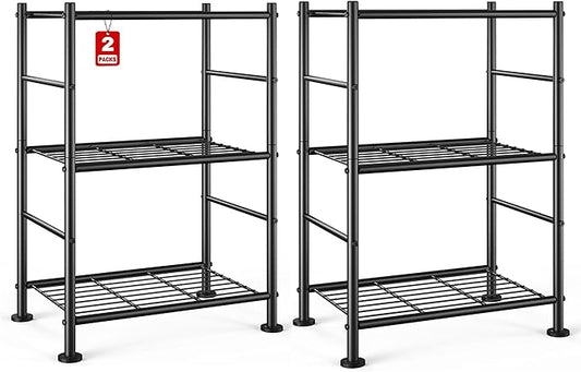 2-Pack Storage Shelves - 3-Tier Metal Wire Shelf Organizer, Slim Shelf Rack with Adjustable Feet for Laundry Room, Kitchen, Garage Organization, 18.2" x 12.3" x 30.4", Black