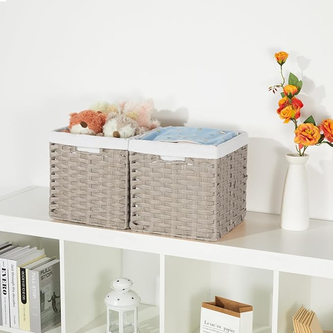 Bidtakay Wicker Baskets for Shelves Waterproof Imitation Wicker Cube Storage Bins with Liners for Organizing Closet Cabinet 2-Pack 11x11 inch Storage Cube Organizer for Pantry-Greyish Beige