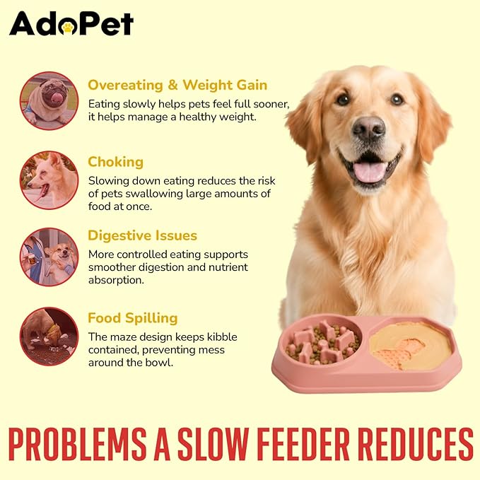 Slow Feeder Dog Bowl with Silicone Lick Mat, Non-Slip Dual Feeding Station for Medium & Large Dogs, Slow Eating Bowl to Help Reduce Fast Eating, Removable Lick Pad (Red)