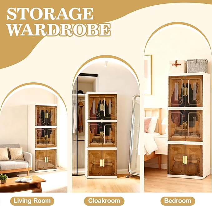SAYMA 3 Layer Portable Wardrobe Closet Pet, Pet Collapsible Clothes Storage Organizer, White Plastic Foldable Wardrobe Cabinet with Doors & Wheels (3 Layer)