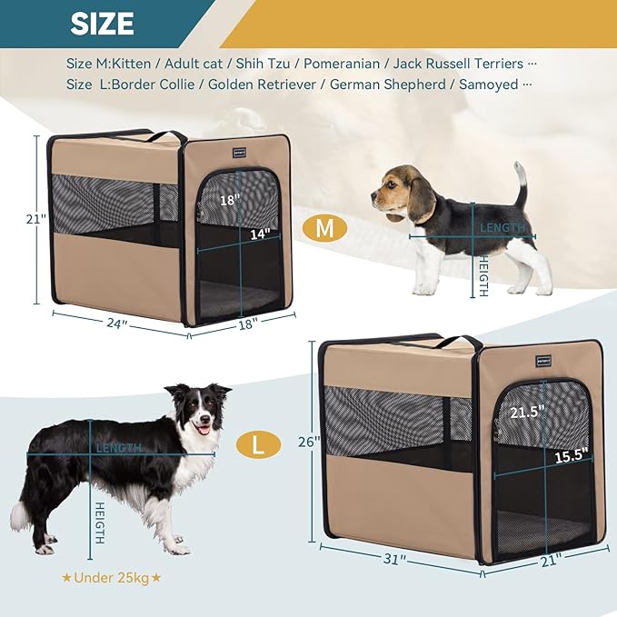 PETSFIT Collapsible Dog Crate, Dog Travel Crate - 24 Inch with Thicken Mat, Easy to Fold, Sturdy and Portable, Perfect for Traveling, Soft Sided Dog Crate Khaki
