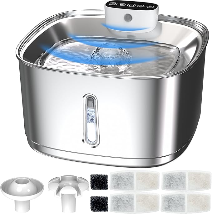 Cat Water Fountain Stainless Steel- 108oz/3.2L Pet Water Fountain Cordless with Motion Sensor, 4 Replacement Filters, Ultra-Quiet Auto Dog Water Dispenser Battery Powered (Stainless Steel-1)