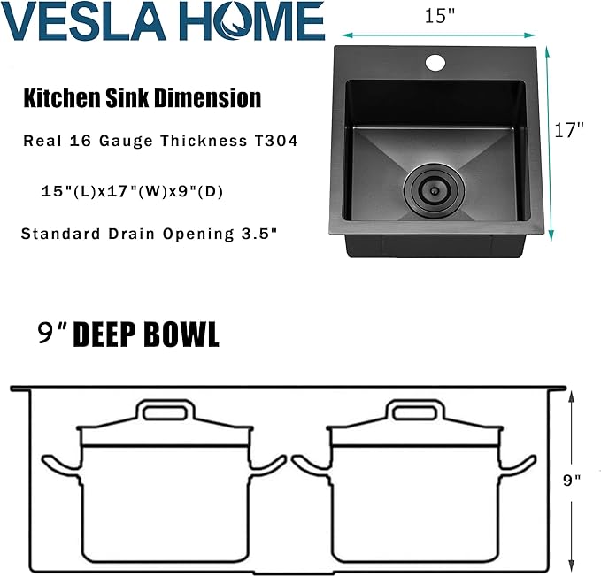 Black Bar Sink Drop in, 15 x 17 Inch Topmount RV Small Kitchen Sink, Handmade Stainless Steel Wet Bar Sink, Outdoor Single Bowl Prep Sink with Dish Grid & Drain