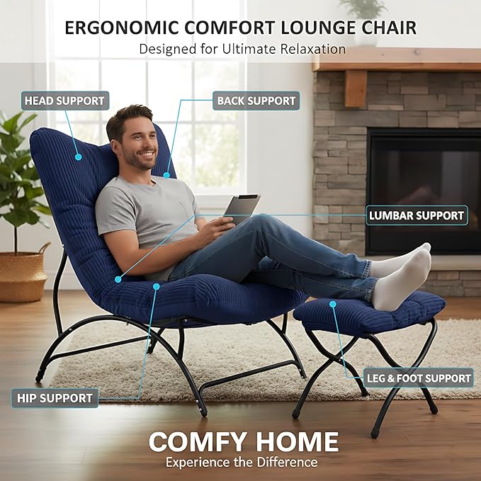 Welnow Modern Accent Chair with Ottoman, Upholstered Comfy Lounge Recliner Sofa, Thick Cushion Oversized Lazy Reading Chair with Footrest for Living Room, Bedroom, Apartment, Office, Dorm, Navy