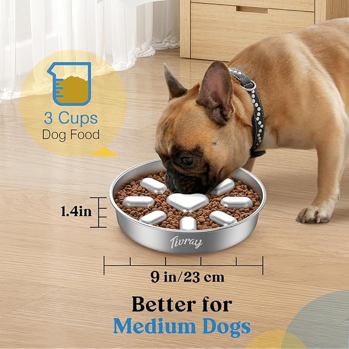 Slow Feeder Dog Bowls, 304 Stainless Steel Slow Feed Pet Bowl with Non-Slip Base for Medium Breed Dogs to Stop Bloat Prevent Choking, Dishwasher Safe, Silver