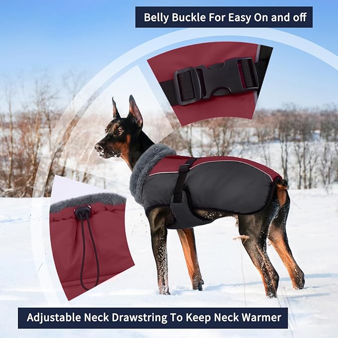IECOii Extra Warm Dog Coat for Medium Dogs, Waterproof & Windproof Dog Jackets with Leash Hole, Adjustable Turtleneck Dog Winter Coat Reflectvie Pet Fleece Vest for Cold Weather, Burgundy, M