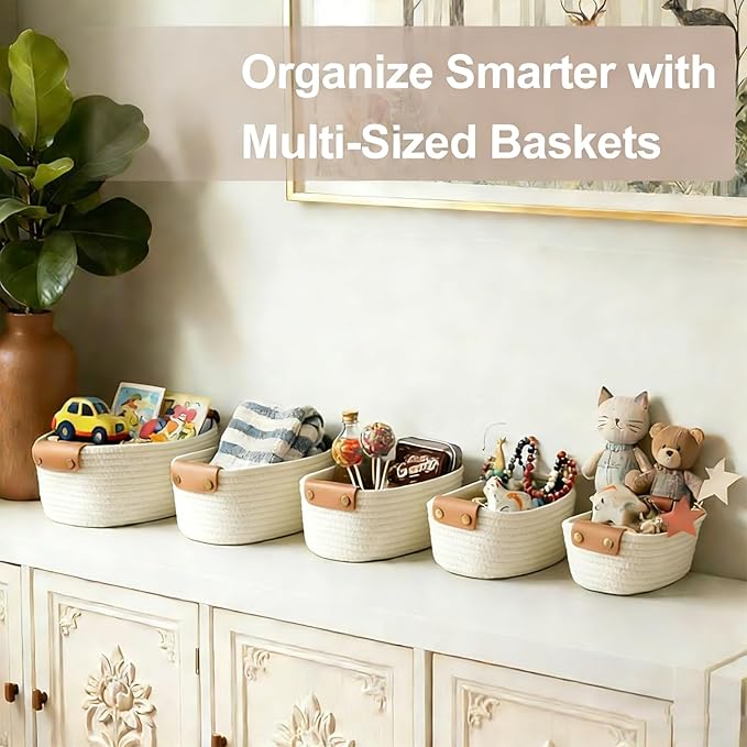 SVNR Beige Storage Baskets Set of 5, Woven Rope Shelf Bins for Organizing - Durable Cube Organizers for Closet, Nursery, Bedroom, Toy Storage with Handles, Modern Home Decor