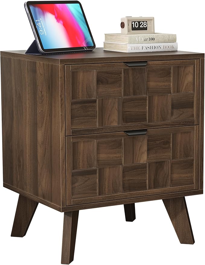 Smuxee Walnut Wooden Nightstand with 2 Drawers, Mid Century Night Stand with Embossed Checkerboard Doors, Bedside Table with Solid Feet, Modern End Side Table for Bedroom