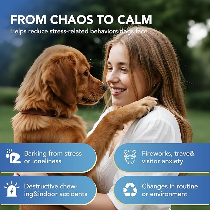 Adanced Dog Calming Diffuser, Calming Pheromones Diffuser Kit Appeasing Pheromone Diffuser to Calm (2Plug in+4Refill+Interactive GiftCard) for Anxiety Relief Reduce Aggression Fighting Barking Stress