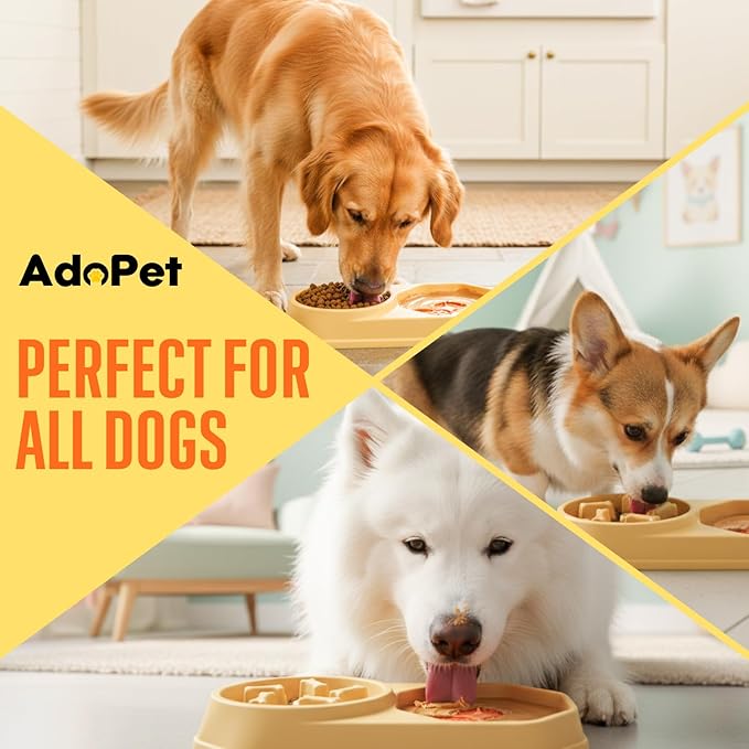 Slow Feeder Dog Bowl with Silicone Lick Mat, Non-Slip Dual Feeding Station for Medium & Large Dogs, Slow Eating Bowl to Help Reduce Fast Eating, Removable Lick Pad (Yellow)
