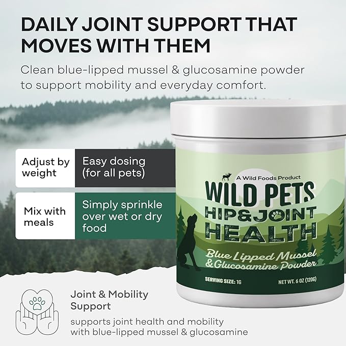 Wild Pets Blue Lipped Mussel & Glucosamine – Dual-Action Dog Hip & Joint Supplement – 500mg Mussel + 500mg Glucosamine per Scoop – 6oz/120 Servings – Higher Protein Than Green lipped Mussels for Dogs