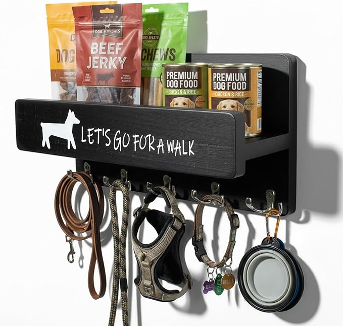 Wood Dog Leash Holder for Wall, Key Hangers with 5 Double Key Hooks, Dog Leash Hanger Wall Mounted for Entryway, Farmhouse Treats,35cm,Black