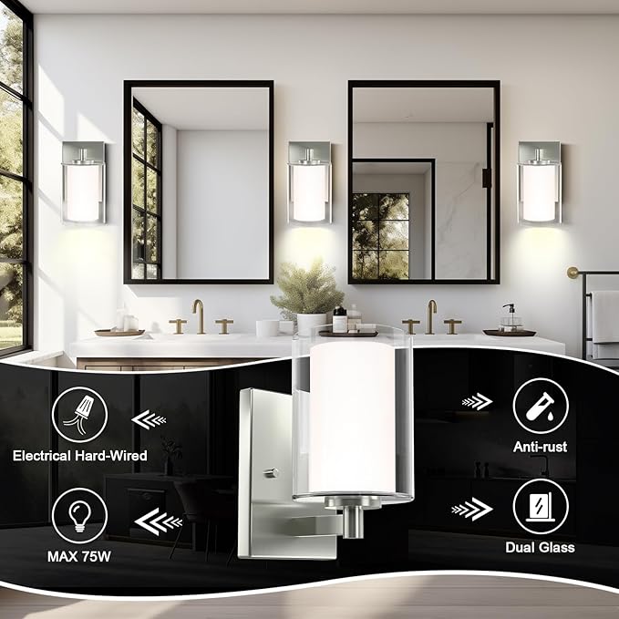 Kalium Wall Sconces Set of Two Modern Vanity Lights with Double Clear Glass Shade Brushed Nickel Indoor Farmhouse Wall Light for Bathroom Living Room Bedroom Hallway Bulb E26 Base (2PCS)