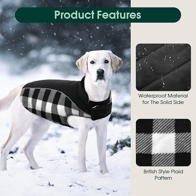 Kuoser Dog Winter Coat, Reversible Waterproof Dog Jacket with Reflective Strip, Warm Dogs Fleece Vest Adjustable Doggy Cold Weather Clothes Plaid Christmas Outfit Pet Apparel for Large Dogs, Black L