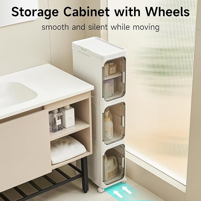 4-Tier Narrow Storage Cabinet with Magnetic Doors and Shelves, Plastic Slim Bathroom Organizers and Storage with Wheels for Small Spaces Bathroom, Kitchen, White