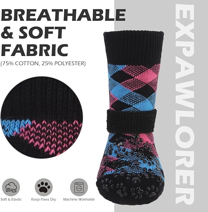 EXPAWLORER Dog Socks for Cold Winter Snow to Prevent Licking Paws, Anti Slip Doggie Booties Grippy Shoes for Hardwood Floors, Boots & Paw Protectors for Small Medium Large Senior Dogs Pink Blue L