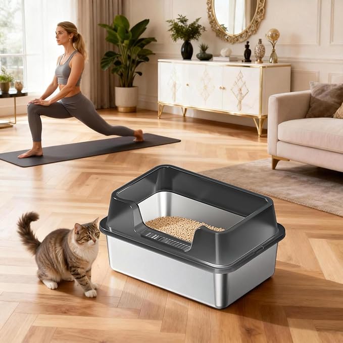 Enclosed Stainless Steel Cat Litter Box with Lid, XL Extra Large Litter Box for Big Cats, Metal Litter Pan High Sided, Never Absorbs Odors, Anti-Urine Leakage, Easy Cleaning, Include Scoop