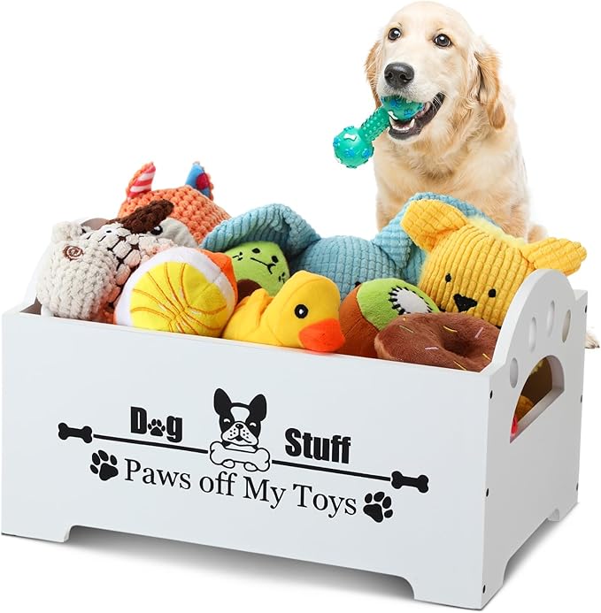 Marsui Wooden Dog Toy Bin Basket with Handle Large Dog Stuff Storage Box Cute Pet Stuff Organizer for Chew, Blankets, Leashes, Food Gift for Living Room Area(White,13.78 Inch)