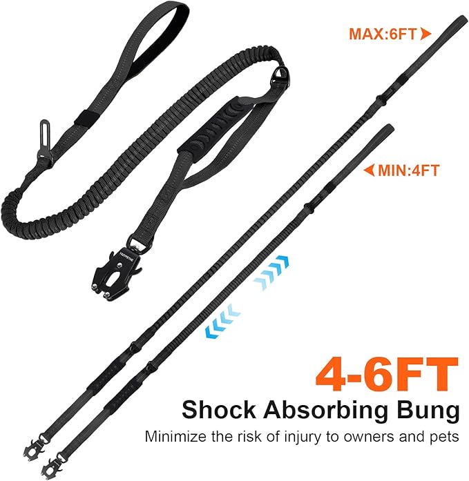 Heavy Duty Dog Leash, 4-6 Ft Shock Absorbing with Heavy-Duty Seatbelt Buckle & Dual Handles - No Bungee, for Medium to Large Dogs (Black)