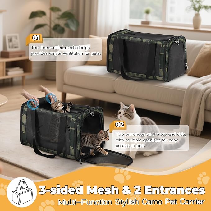 Cat Carrier Soft 25lbs Two Loading Pet Carriers Portable Small Dog Puppy Airline Approved Carrier with Side Pockets Foldable Portable for Outdoor Car Black Camouflage