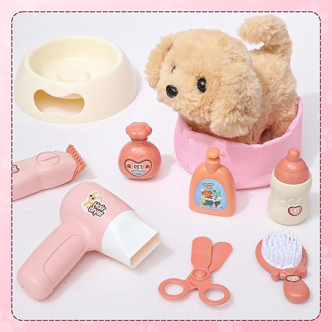 Golray Dog Toys for Kids Girls, Electronic Interactive Walking Barking Dog with 12 Pcs Carrier & Accessories Toddler Girl Toy Dog Puppy Pet Care Pretend Play Set, Birthday Gift for Little Girl 3 4 5 6