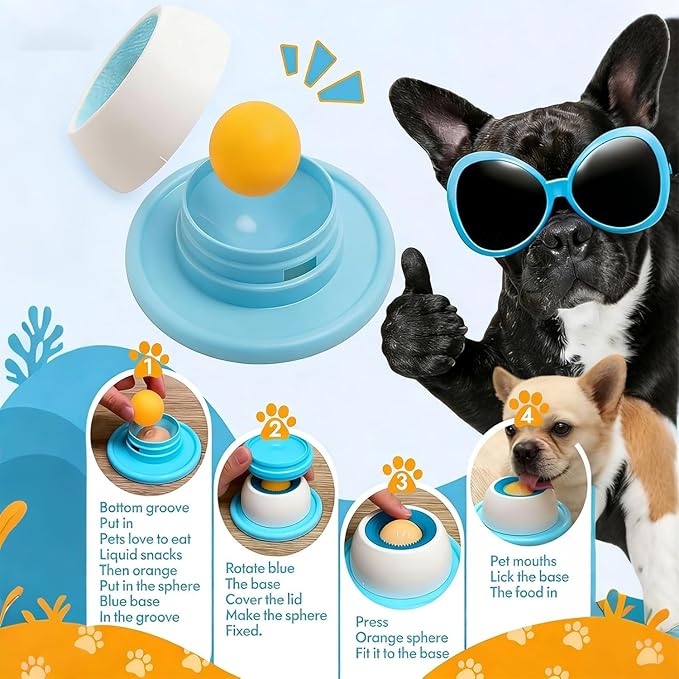 Lick Bowl for Dogs & Cats - Anxiety Relief Slow Feeder with Non-Slip Base,Slow Down Eating Speed and Add More Fun for Your Dog and Cats,Entertained Ball-in (Blue)