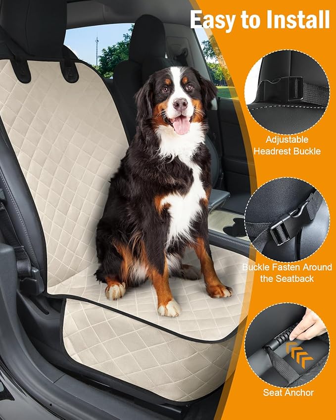 Dog Car Seat Covers Waterproof, Scratch-Proof Pet Front Cover for Cars, Nonslip Pet Passenger Seat Cover Protector, Universal Fit for Cars Trucks SUVs, Medium, Beige