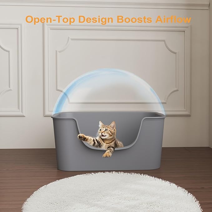 Low Entry Cat Litter Box with High Sides - Open-Top Anti-Splash, Durable Easy-Clean Pan for Kittens, Munchkin Cats, Senior Medium-Sized Cats & Small Pets (Rabbits), 19.3”x13.3”x7.8” Grey