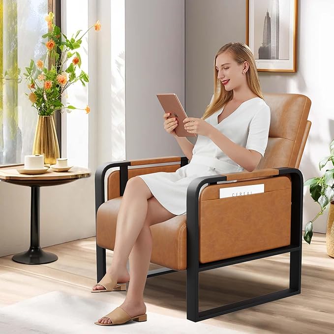 Modern Brown Accent Chair PU Leather Upholstered Armchair with Tray Table for Bedroom Living Room Chairs Office Chair