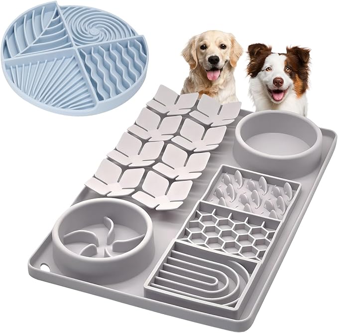 Slow Feeder Bowl Bundle: Grey 4in1 Licking mat + Blue Spiral Slow Feeder, Silicone Lick Mat with Suction Cups, Snuffle mat for Dogs, Interactive Sniff Mat for Slow Eating and Keep Busy