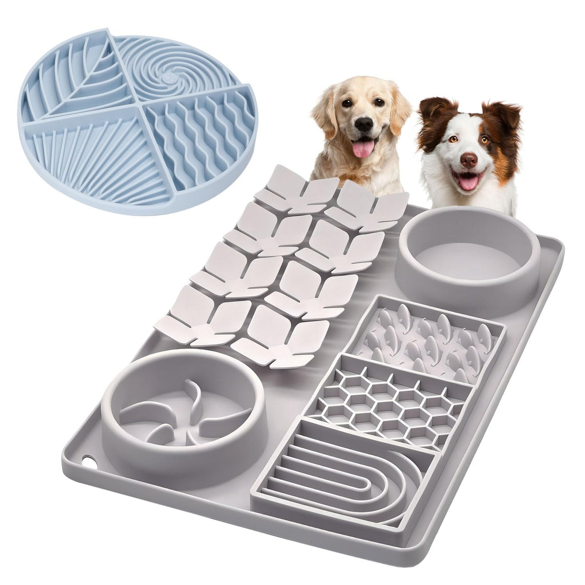Slow Feeder Bowl Bundle: Grey 4in1 Licking mat + Blue Spiral Slow Feeder, Silicone Lick Mat with Suction Cups, Snuffle mat for Dogs, Interactive Sniff Mat for Slow Eating and Keep Busy