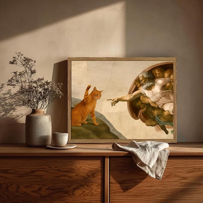 Funny Creation of Adam and Cat Wall Art, Whimsical Cat and God Wall Decor Painting Quirky Michelangelo and Animal Poster Canvas Print for Bedroom Living Room 12x16 inch Wood Framed