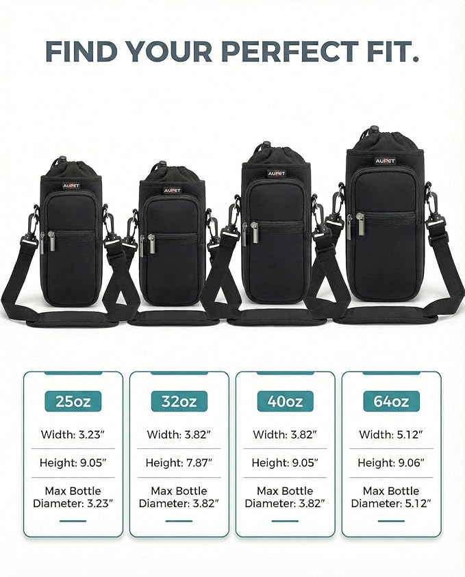AUPET Water Bottle Sling Bag Sleeve Holder Carrier 25/32/40/64 oz,Insulated Crossbody Water Bottle Case Cover with Strap and Pockets for Men/Women Walking Hiking