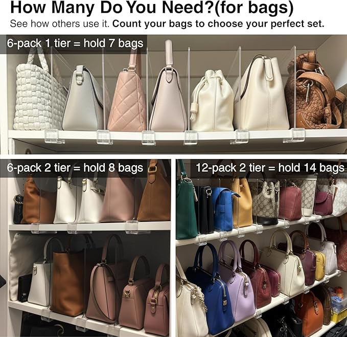 Shelf Dividers Purse Organizer for Closet: 6-pack Acrylic Bag Storage Organizer for Handbags, Clutches, Clothes, Sweater, Towel on Wood Shelves