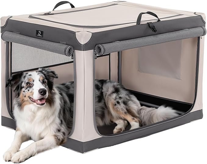 A 4 Pet Soft Dog Crate 36 Inch Mid Portable Collapsible Pet Travel Kennel, 3-Door Soft-Sided Lockable Zippers & Reinforced Steel Frame, Easy Setup, Mesh Panels — Ideal for SUV, Car, Camping & Home Use