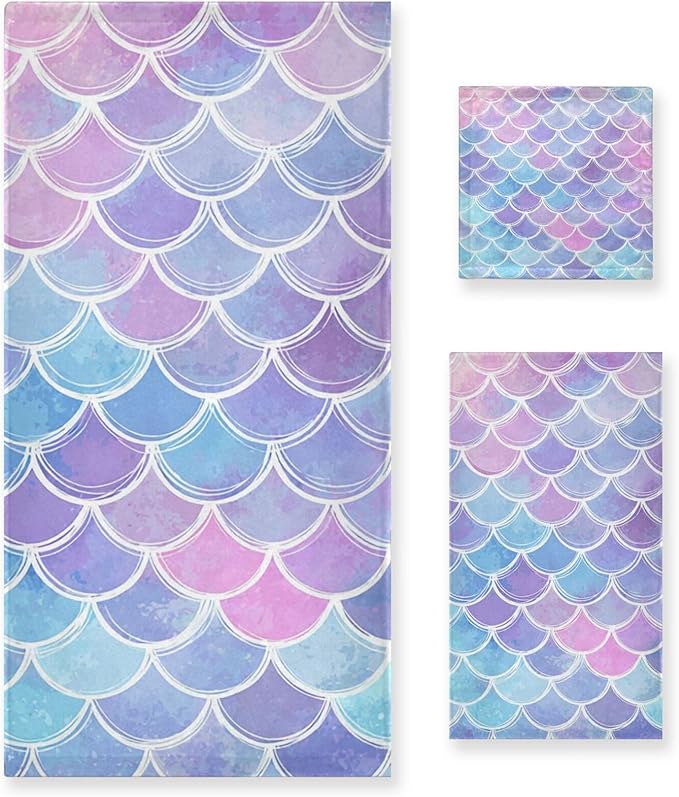 Pfrewn Magic Pink Blue Mermaid Scales Towels Set of 3 Rainbow Marble Galaxy Bathroom Towel Soft Absorbent Bath Hand Towels Washcloth Guest Towel Sets Bathroom Decorations