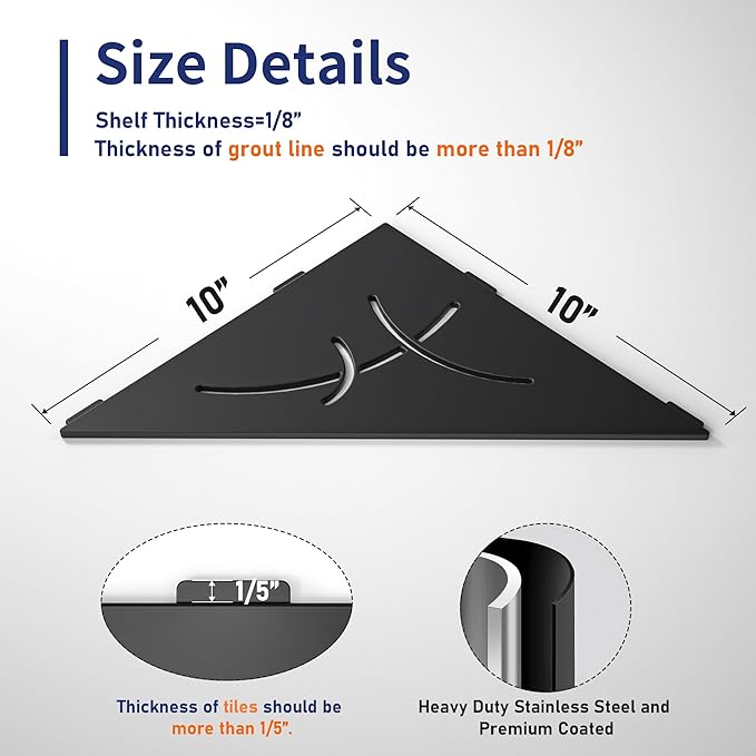 Corner Shower Shelf 10" Matte Black 304 Stainless Steel Heavy Duty Slot Design Recessed Corner Shelf Bathroom for Tiled Wall 2 Pack, No Drilling