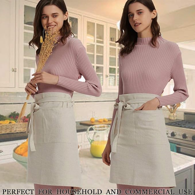 Cityelf Linen Server Apron Cotton Bistro Half Apron with Large Pockets Waist Kitchen Apron for Cooking Waitress