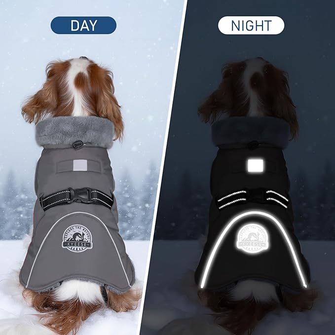 KYEESE Waterproof Dog Coat, Windproof Warm Winter Jacket with Thick Fleece Lined, Cozy Turtleneck Dog Coats for Large Dogs with Leash Hole, Reflective Outdoor Cold Weather Coat, Gray, XXX-Large