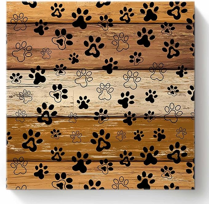Framed Canvas Wall Art for Living Room Dog Paw Print Wall Decor, Retro Brown Yellow Wood Grain Aesthetic Paintings for Bedroom Office Kitchen Bathroom, Ready to Hang Artwork Wall Pictures 20x20 Inch